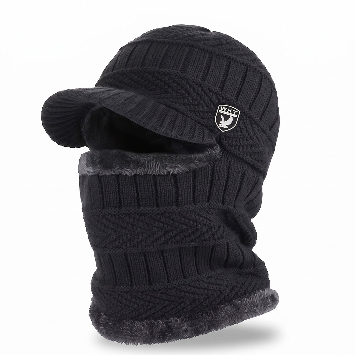 Winter Beanie with Neck Cover – Windproof Fleece-Lined Knit Hat - Black
