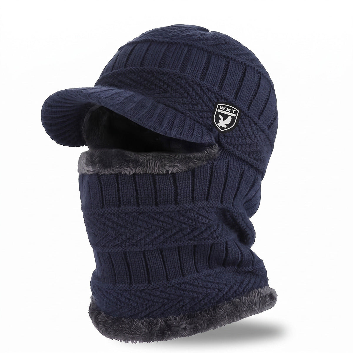 Winter Beanie with Neck Cover – Windproof Fleece-Lined Knit Hat - Navy