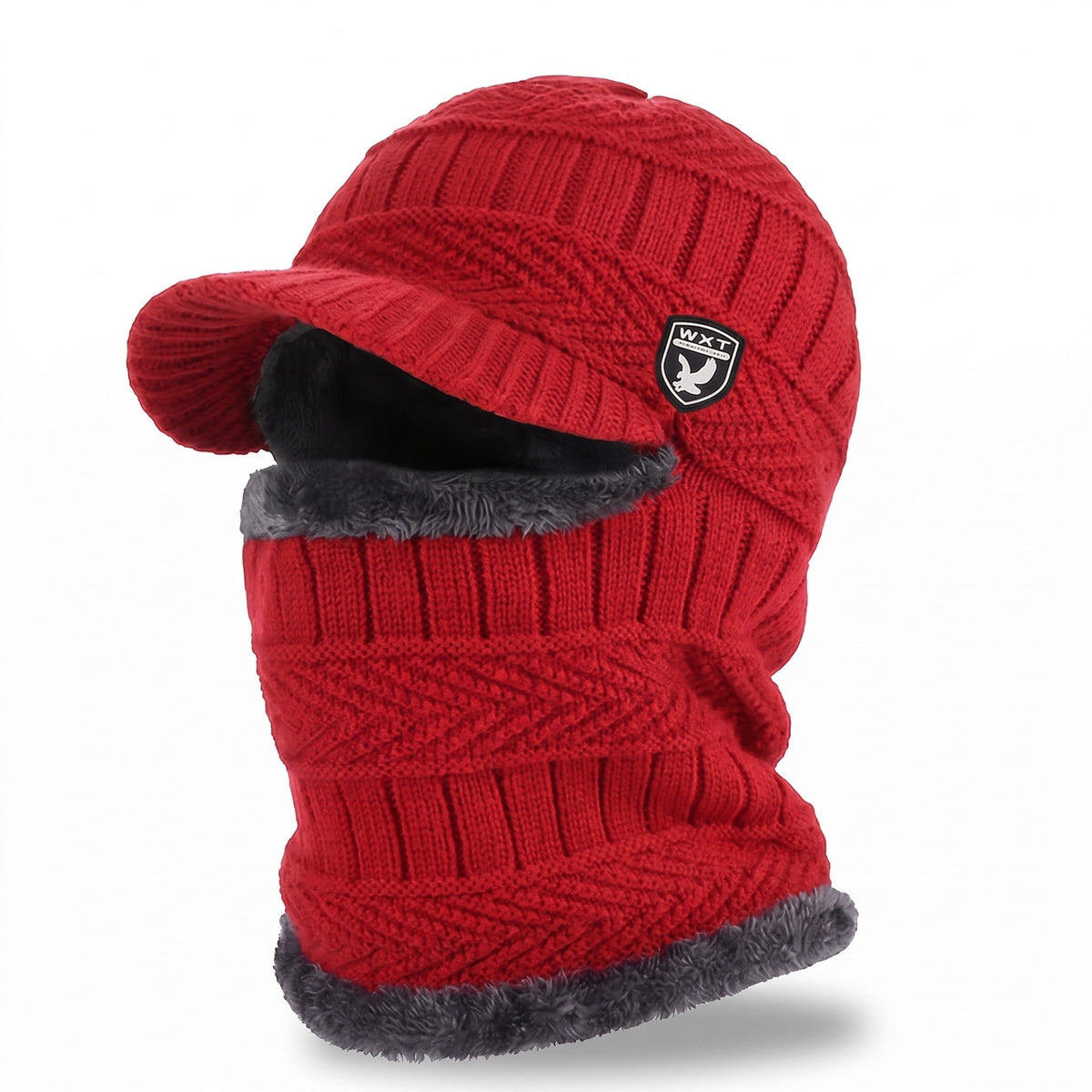 Winter Beanie with Neck Cover – Windproof Fleece-Lined Knit Hat - Red