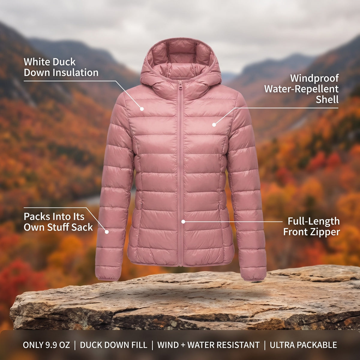 Women's Packable Down Hiking Jacket – Lightweight Hooded Layer