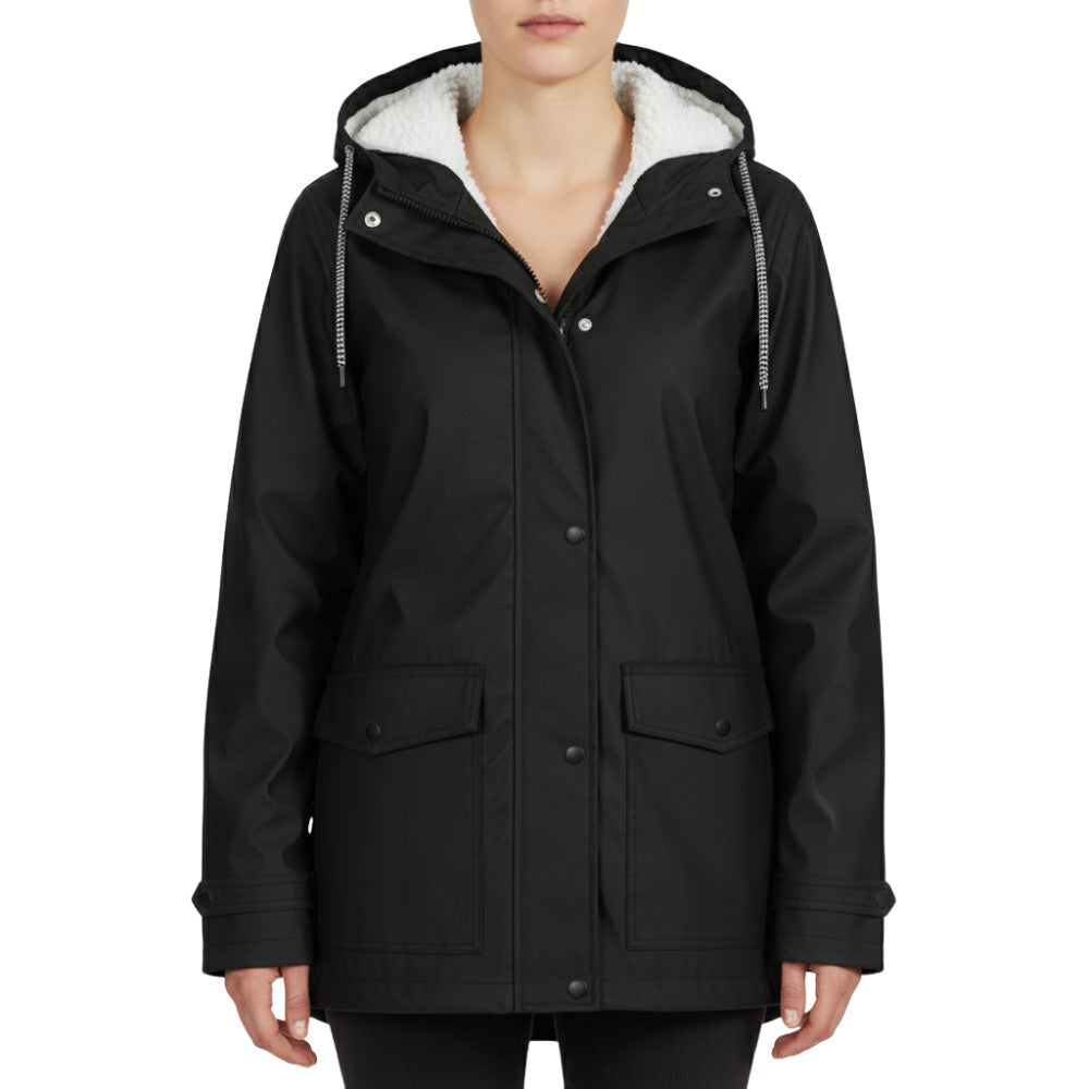 Women's Rain Jacket – Waterproof Windproof Storm-Flap Hooded - Black